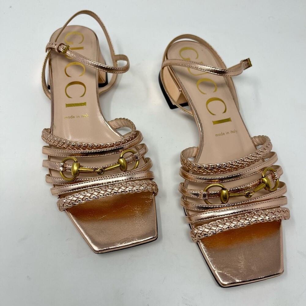 Gucci Ketty Horsebit Braided Metallic Sandals Pink size 38 EU 8 US